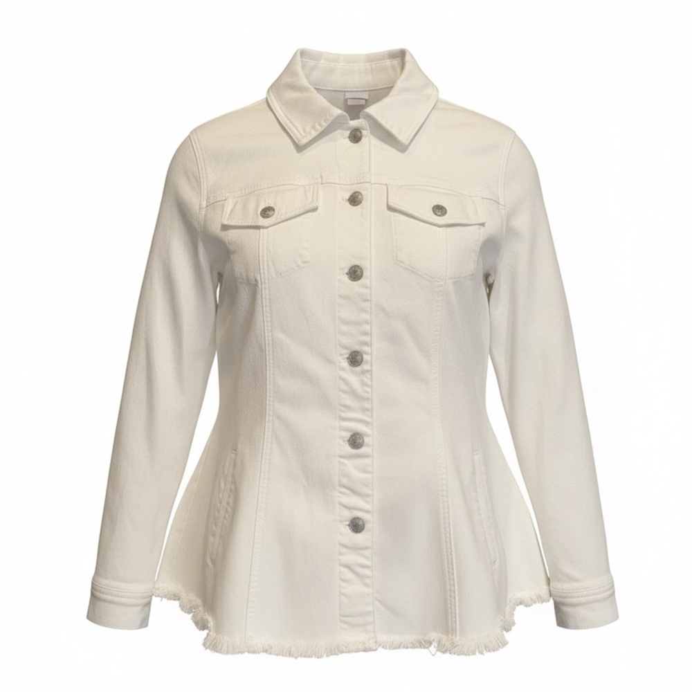 Chico's size 3(16) Jean Jacket fitted white  24 1/2”Length 21” Width stretch
